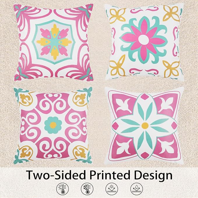 Pyonic Spring Summer Outdoor Pillows Waterproof Throw Pillow Covers Set of 4 Pink Green Floral Printed and Boho Farmhouse Outdoor Pillow Covers for Patio Funiture Garden 18x18 Inch