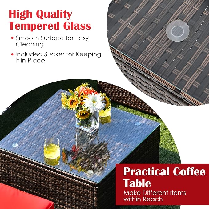 HAPPYGRILL 6 Pieces Outdoor Patio Furniture Set, PE Rattan Conversation Set with Tempered Glass Coffee Table and Cozy Cushions, Weather Resistant Sectional Sofa Set, Red