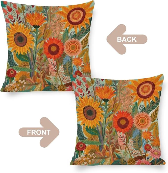 Modern Pillow Cover Butterfly Sunflower Cushion Pillow Cover Colorful Painting of Sunflowers Poppies Cooling Pillow Case Decorative Couch Pillow Cover for Sofa 20"x20" Cutton Linen Cushion Cases