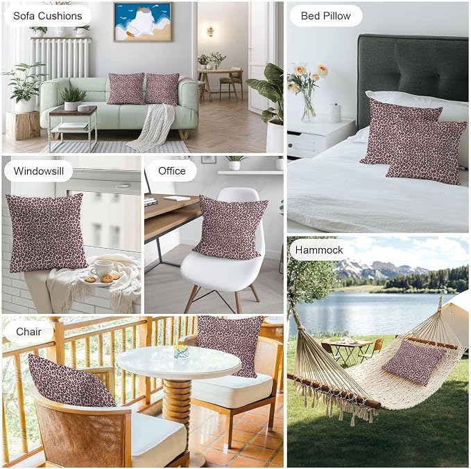 Vandarllin Outdoor Throw Pillows Covers 24x24 inch Set of 2 Waterproof Pink Leopard Print Decorative Zippered Cushion Covers for Patio Furniture, Luxury Animal Fur Pattern Lumbar Pillowcases
