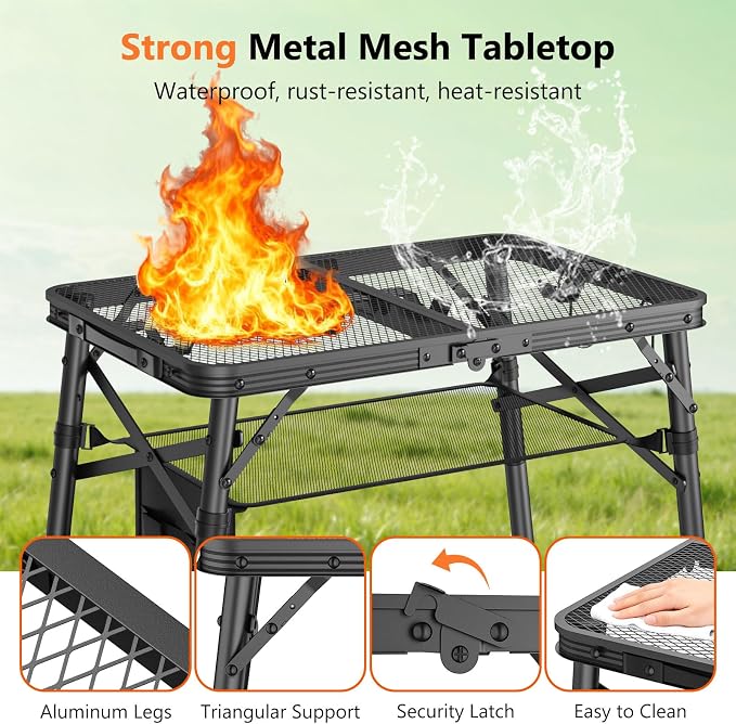Folding Grill Table for Outside, 3 Height Adjustable Small Camping Table with Mesh Bag, Metal Aluminum Folding Table, 23.62 x 15.75 inches, Portable Grill Stand for Picnic, Camping, BBQ, Beach, Black