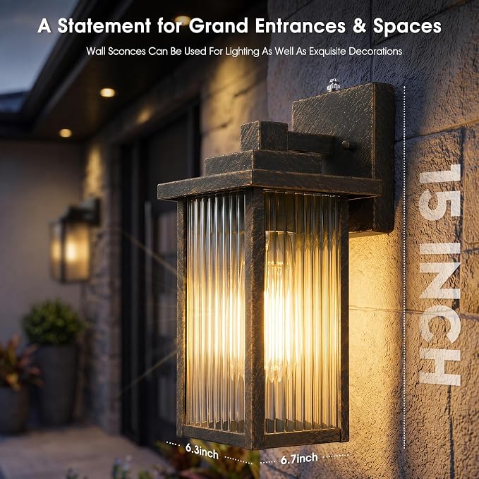 15-Inch Dusk to Dawn Outdoor Wall Light, Black Brush Gold All-Metal | Auto On at Dusk, Off at Dawn. Textured Glass Softens Glare. Waterproof Rust-Resistant Metal. Pre-Assembled DIY Install