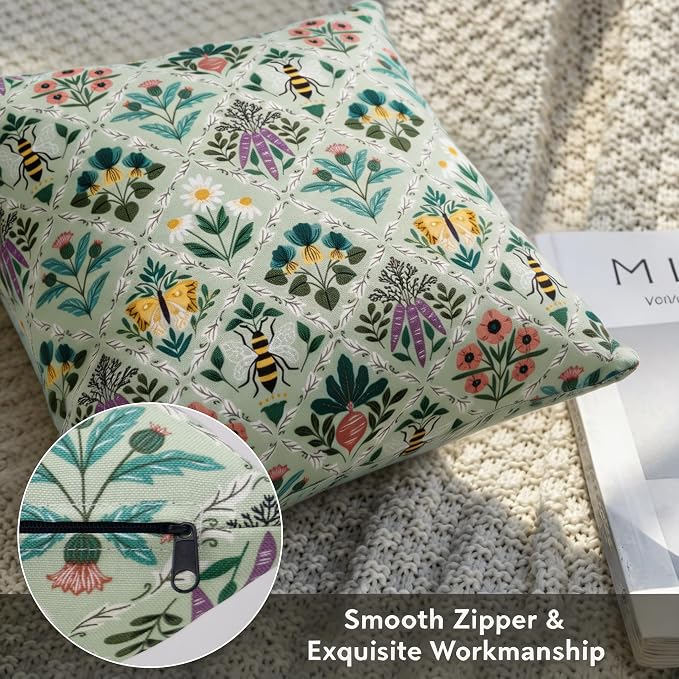 Outdoor Pillow Covers 18x18 Set of 2 Sage Garden Print, Waterproof & UV Resistant Polyester for Patio, Couch, Porch, Spring Botanical Decor