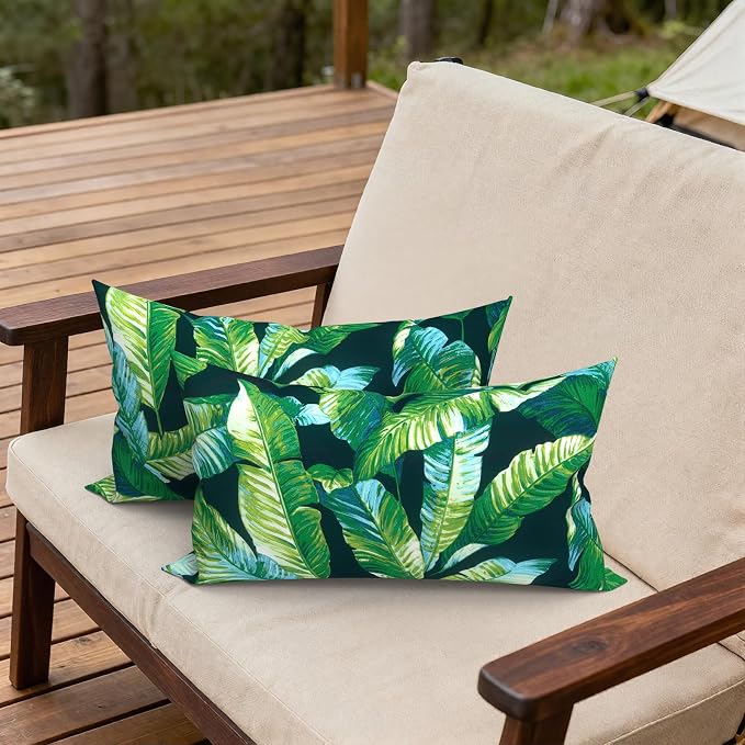 Outdoor Lumbar Pillows, Water Repellent Cushion Pillows 12x20 Inch, Outdoor Pillows with Inserts for Home Garden, Pack of 2, Hanalei Lagoon