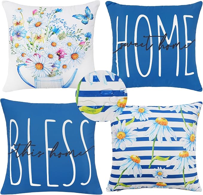 cygnus Spring Summer Waterproof Outdoor Pillow Covers 18x18 Inch Set of 4 Home Sweet Home Bless Daisy Striped Outdoor Pillows for Patio Furniture Garden Bench Proch Balcony,Blue