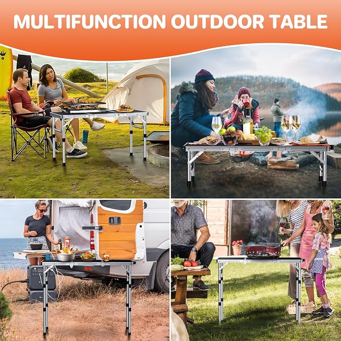 FUNYKICH 3ft Folding Grill Table for Outside 34.2''x15.7'', 3 Height Adjustable Portable Camping Table, Lightweight Metal Aluminum Outdoor Table with Carry Handle for Camping, Picnic, BBQ, Silver