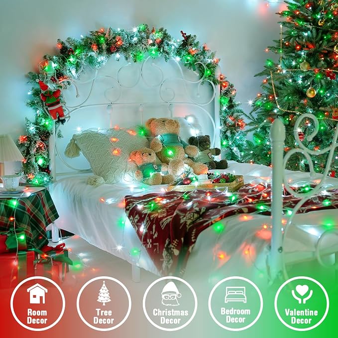 JMEXSUSS Connectable Red White and Green Christmas Lights | 8 Modes 100 LED Twinkle String Lights Indoor, Clear Wire Plug-in Xmas Lights Outdoor Waterproof