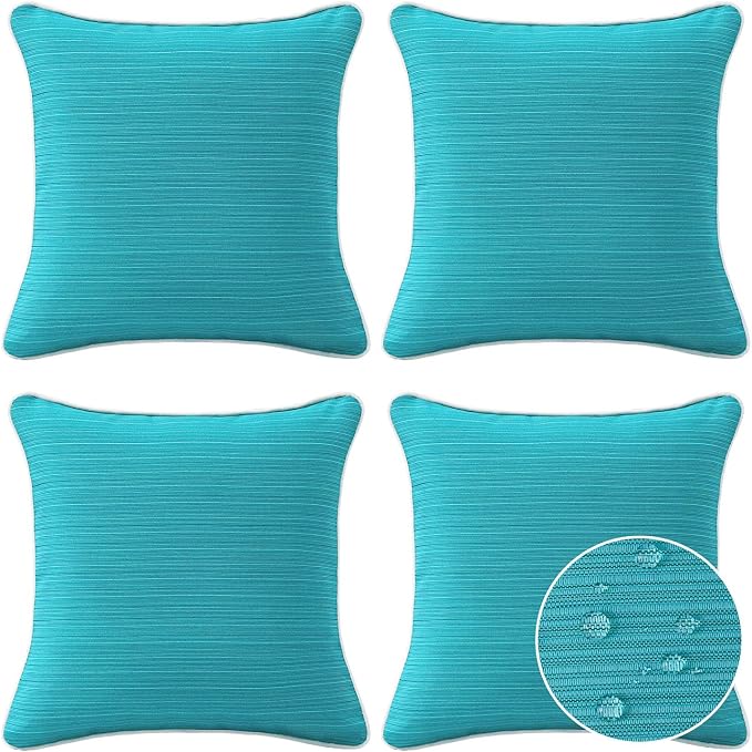 Decorative Outdoor Water Repellent Throw Pillows with Inserts, Set of 4, 18" x18" Pillows for Patio, Backyard, Bed, Couch, and Patio Furniture, Turquoise