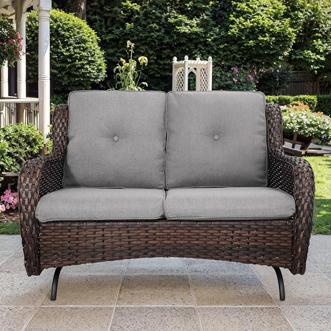 Patio Loveseat Glider Set, Resin Wicker Loveseat Glider with 4 Swivel Patio Chiars Rectangular Firepit Table, 7 Piece Patio Conversation Loveseat Set, Brown Wicker|Grey Cushions