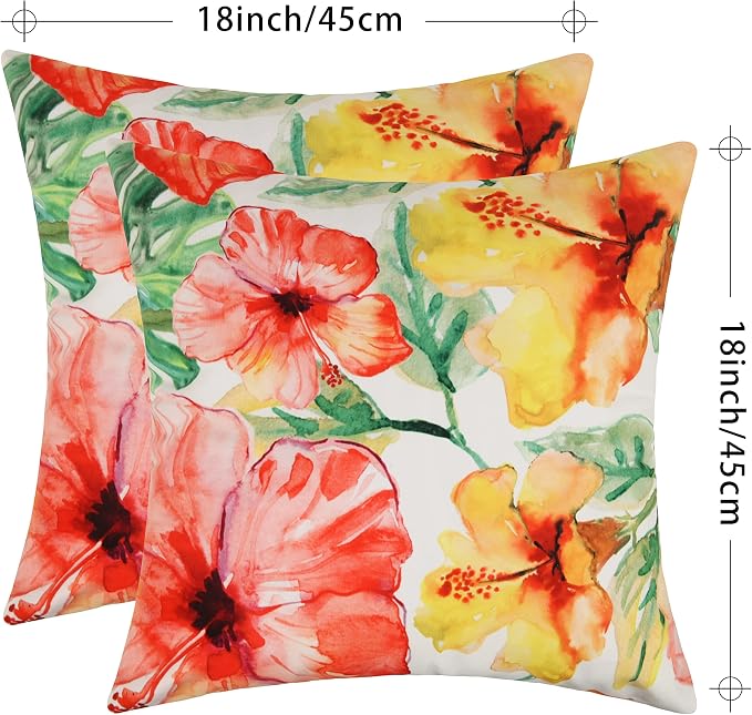Pyonic Outdoor Pillow Covers Pack of 2 Red Yellow Floral Waterproof Throw Pillow Covers 18X18 inch Outdoor Pillows for Patio Furniture Garden Square Outside Waterproof Pillow