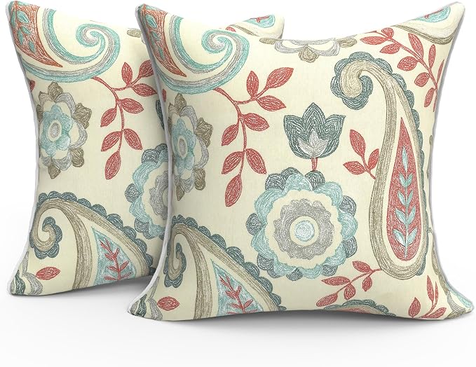 Outdoor Throw Pillows Inners, Fade Resistant Patio Furniture Square Pillows with Piping Set of 2 for Patio Furniture, 18x18 Inch, Paisley Vintage