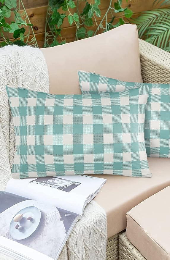 Outdoor Waterproof Throw Pillow Covers Set of 2 Teal Green White Check Plaid Lumbar Pillowcases 20x12 Inches Farmhouse Style Patio Decorative Pillows Cushion Case Patio Pillows for Couch Bed Garden