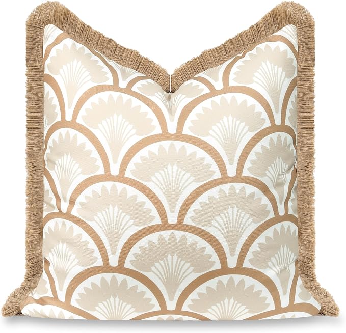 Hofdeco Premium Coastal Hampton Patio Indoor Outdoor Throw Pillow Cover Only, 20"x20" Water Repellent for Backyard, Couch, Poolside, Neutral Tan Print Tropical Ravenala Palm Tree