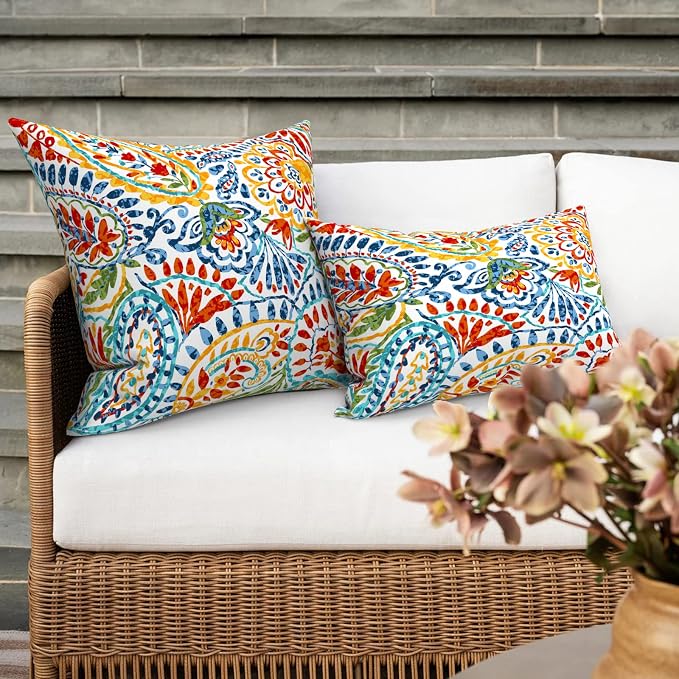 Outdoor 16x16 Inch Throw Pillow Covers Set of 2, All Weather Square Pillow Cases, Covers ONLY, Patio Cushion Pillow of Home Furniture Use, Paisley Multi