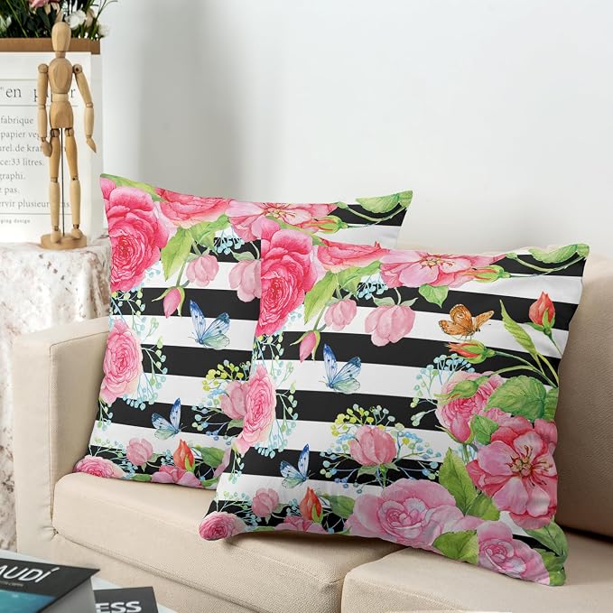 Spring Summer Pillow Covers 24x24 Set of 2 Rose Throw Pillow Covers Butterfly Flowers Pillow Case Black Stripes Cotton Blend Cushion Case for Home Decor Couch Sofa
