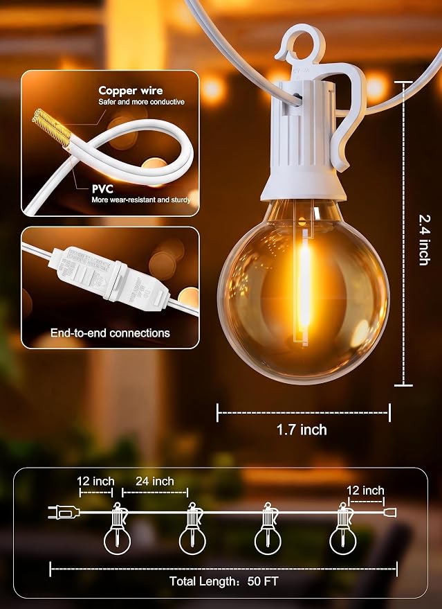 Outdoor String Lights, 50FT 25 LED Bulbs IP65 Waterproof Patio Lights | Shatterproof Dimmable Hanging Connectable G40 Globe LED Outdoor Lights for Christmas, Backyard, Bistro, Porch