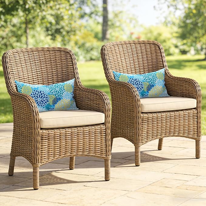 Outdoor Lumbar Pillows, Water Repellent Cushion Pillows 12x20 Inch, Outdoor Pillows with Inserts for Home Garden, Pack of 2, Dahlia Blue