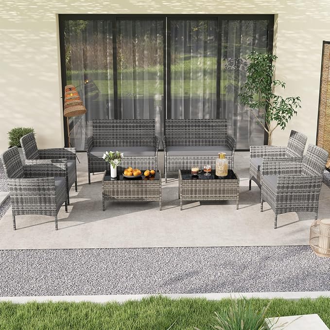 HAPPYGRILL 8 Pieces Outdoor Rattan Conversation Set, Patio Wicker Furniture Set with Loveseat Chairs & Tempered Glass Coffee Table, Outside Sectional Sofa Set for Backyard Garden Poolside, Gray