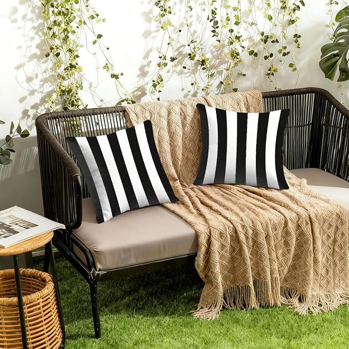 22x22 Inch Outdoor Pillow Covers Set of 2 Waterproof Throw Pillow Covers Decorative Couch Cushion Covers Black White Striped Square Pillowcases Protectors for Patio Garden Sofa