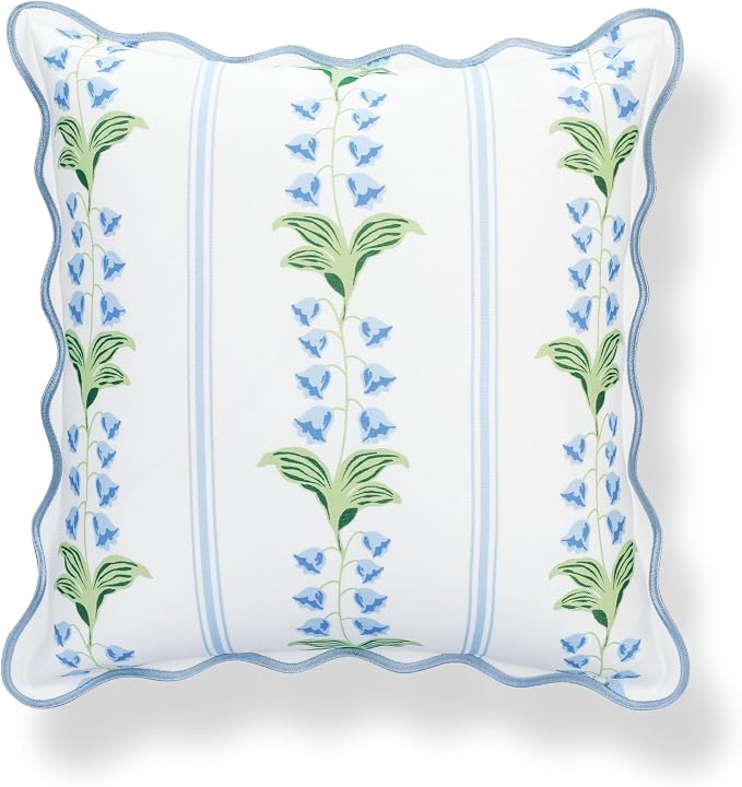 Hofdeco Premium Grandmillennial Coastal Hampton Patio Indoor Outdoor Throw Pillow Cover Only, 20"x20" Water Repellent for Backyard, Couch, Poolside, Blue Green Print Striped Lily of the Valley