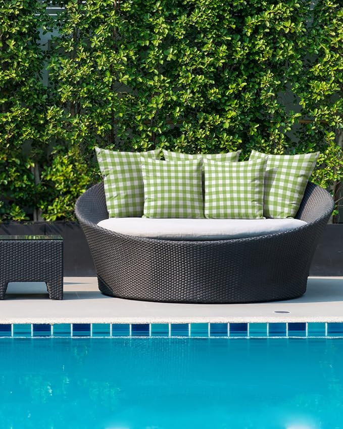 Outdoor Waterproof Throw Pillows Green White Gingham Check Patio Pillows Pack of 2,Decorative Pillow Covers with Insert,Pillow Cushion Case for Indoor Garden Couch Sofa Pastoral Buffalo Plaid
