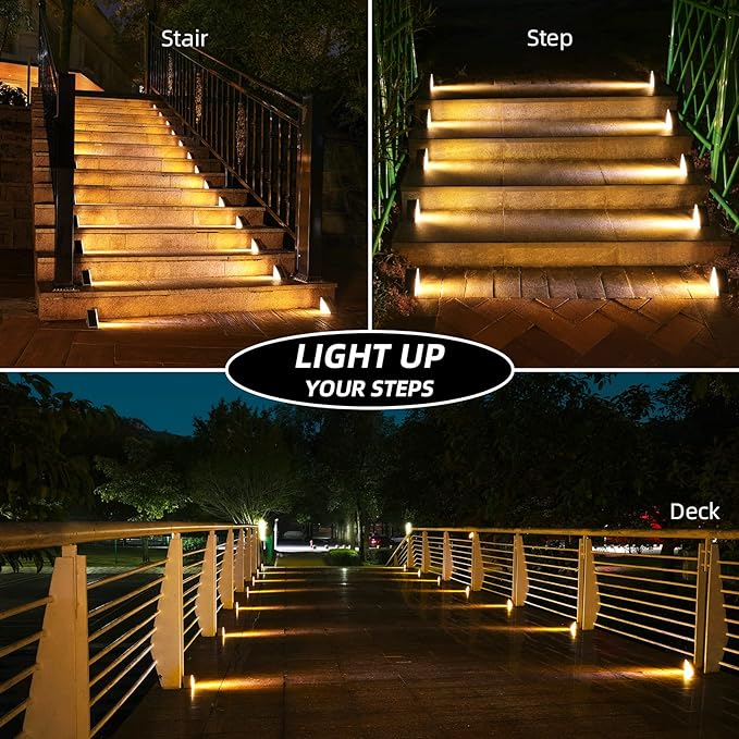 Outdoor Step Lights,8 Pack Warm White Solar Step Lights Waterproof IP67 Auto On Off,Solar Lights for Steps,Stair,Patio,Yard,Porch,Front Door,Sidewalk,Deck Decor