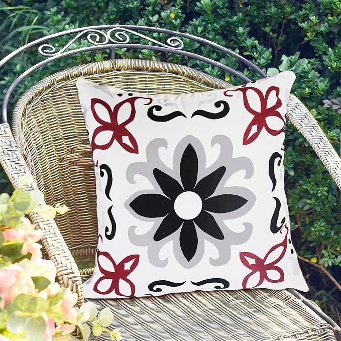 Pyonic Black Tan White Gray Outdoor Pillows Waterproof Throw Pillow Covers Set of 4 Floral Printed and Boho Farmhouse Outdoor Pillow Covers for Patio Funiture Garden 18x18 Inch