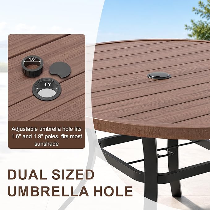 Patio Dining Table for 4,Steel Slatted Round Outdoor Table with Adjustable Umbrella Hole,41",Brown