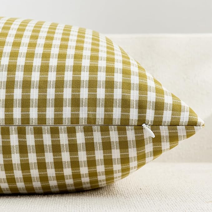 Plaid Outdoor Throw Pillow Covers 20x20 Set of 2, Waterproof Gingham Couch Pillow Cases, Farmhouse Boho Cushion Covers for Sofa Patio Summer Garden, Olive Yellow