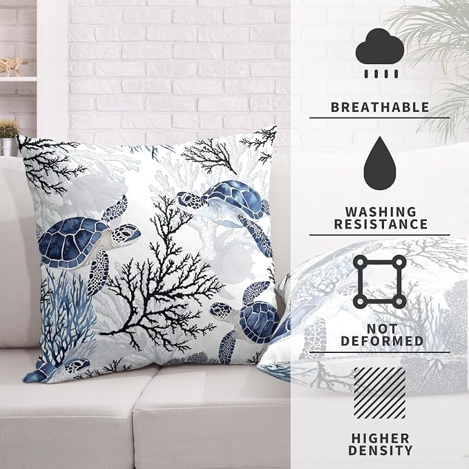 Sea Turtle Pillow Covers Nautical Coastal Throw Pillow Covers 18x18 Set of 2 Beach Ocean Themed Pillow Cases Blue Coral Branch Outdoor Cushion Cases for Living Room Bedroom Garden