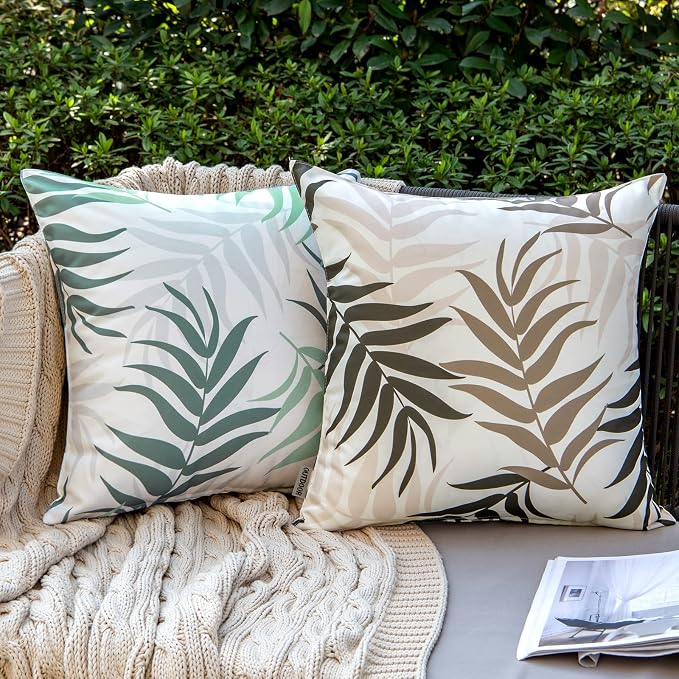 MIULEE Outdoor Waterproof Throw Pillow Covers 18x18 Coffee Brown Pack of 2 | Decorative Patio Pillow Cases Natural Leaves Pattern Spring Square Cushion Shams Shell for Garden Balcony Couch