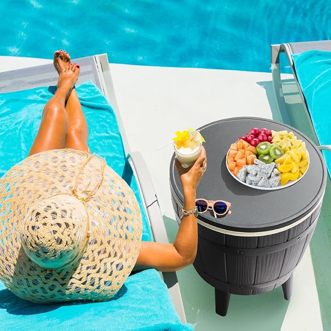 Outdoor Cooler Side Table,Height-Adjustable Cool Bar w/ 10 Gallon Beer and Wine Cooler, All-Weather Resistant Patio Ice Cool Bar for Deck Pool Party(Black)