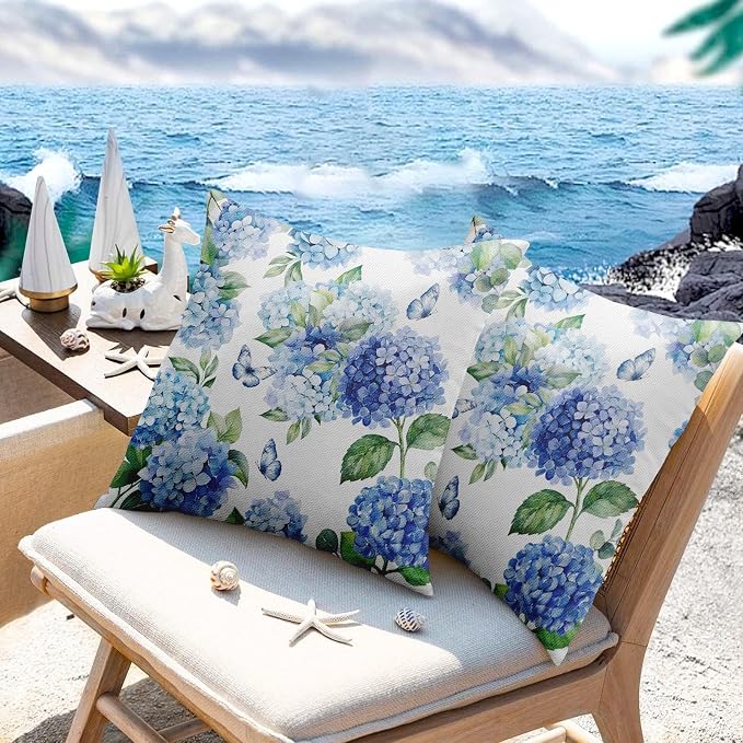 Throw Pillow Covers, Blue Hydrangea Floral, 18 x 18 Inch, Set of 2 | Waterproof outdoor square cushion case pillowcase for farmhouse garden couch beach patio decorative pillows