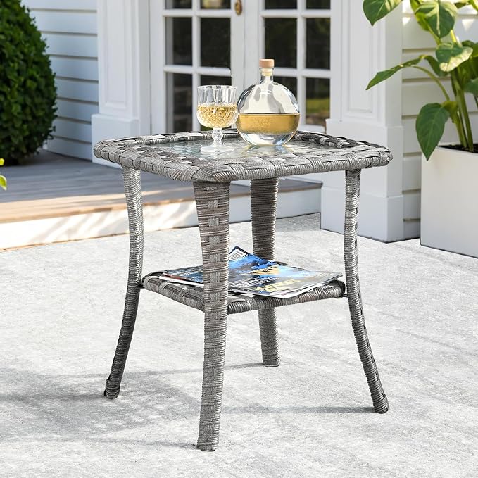 ovios Outdoor Side Table with Tempered Glass Top, Patio Wicker Rattan 2-Tier Storage Coffee End Tables for Porch Deck Balcony Garden Poolside (Light Grey-Small Size)