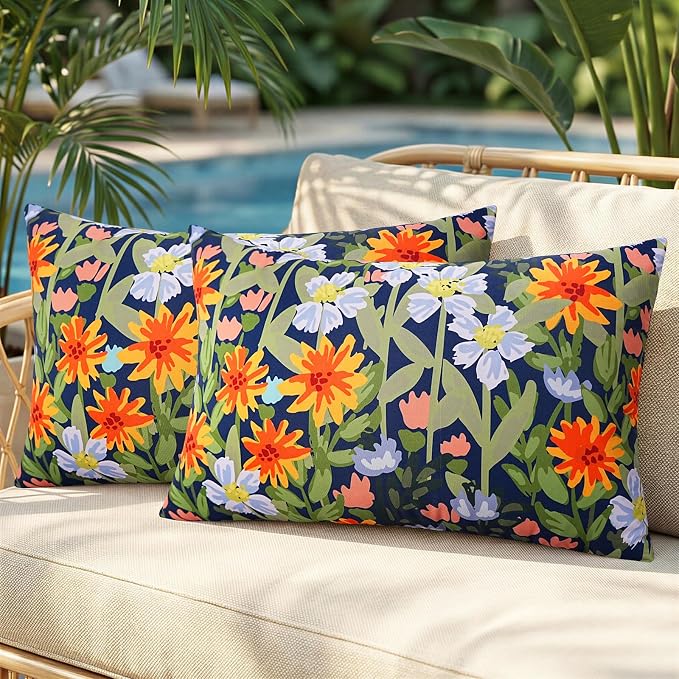 Pyonic Floral Outdoor Lumbar Pillows Covers 12x20 inch Waterproof Spring Summer Decor Outdoor Pillows for Patio Furnture Garden Bench Porch,Navy Blue