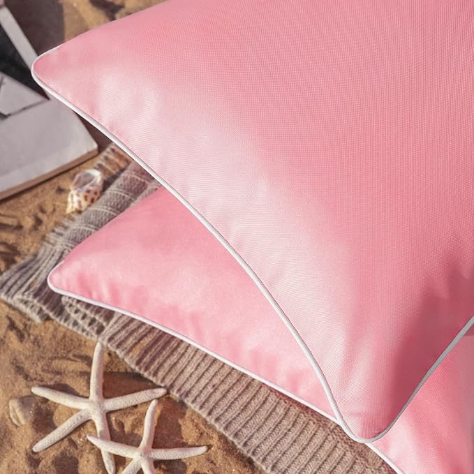 Phantoscope Pack of 2 Outdoor Waterproof Solid Throw Decorative Pillow Cover Decorative Square Outdoor Pillows Cushion Case Patio Pillows for Couch Tent (18''x18'', Pink)