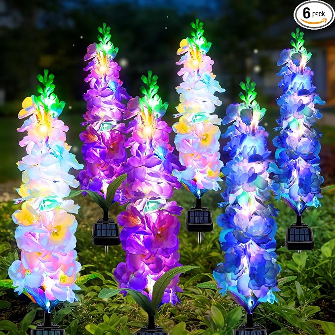 MRHEPHAESTUS Solar Garden Lights, 6 Pack 20 LEDs Solar Delphinium Flowers Lights Gifts for Mom Grandma Women, Waterproof Solar Outdoor Lights Two Lighting Modes for Wedding Garden Yard Patio Decor