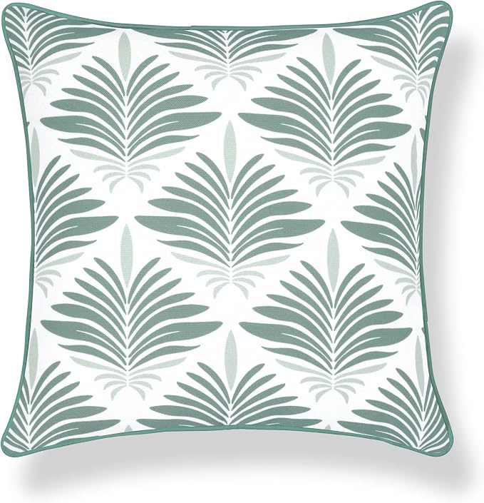 Hofdeco Premium Coastal Hampton Patio Indoor Outdoor Throw Pillow Cover Only, 20"x20" Water Repellent for Backyard, Couch, Poolside, Celadon Green Print Abstract Plam Leaves