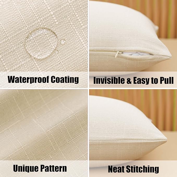 NiNi ALL Waterproof Outdoor Pillow Covers 24x24 Set of 2 Patio Beige | Faux Linen Textured Decorative Solid Throw Pillow Covers Farmhouse for Garden Furniture Tent Balcony Couch Sofa Cushion