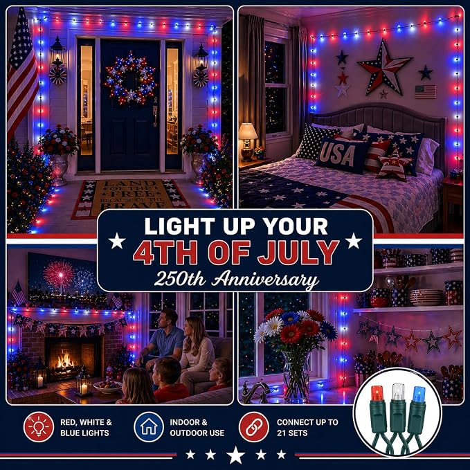 Novelty Lights 100 LED 50ft Red White Blue USA Patriotic String Lights