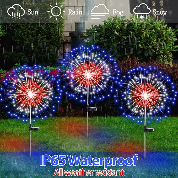 Tujoe 8 Pcs 4th of July Solar Firework Stake Lights 180 LED 8 Modes Solar Waterproof LED Sparkler Lights Outdoor Patriotic Decor for USA Anniversary Garden Patio Yard Pathway (Red White Blue)
