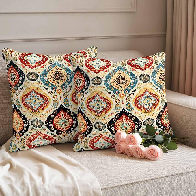 Bohemian Floral Outdoor Pillow Covers 24"x24" Set of 2, Abstract Moroccan Ethic Tribal Colored Floral Waterproof Throw Pillow Covers for Patio Furniture, Decorative Cushion Covers for Porch