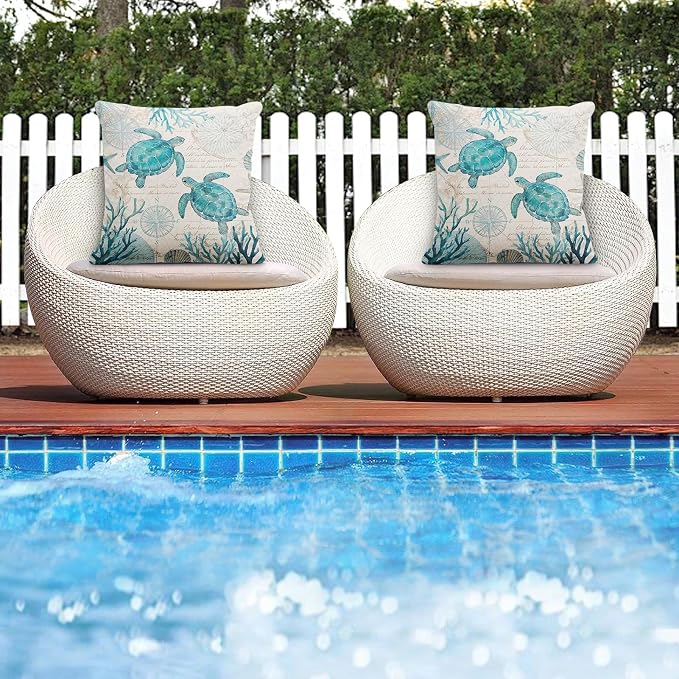 Outdoor Throw Pillow Covers, Turtle Coastal, Set of 2, 18 x 18 Inch | Nautical 18 x 18 Inch Beach Pillowcase Square Cushion Case Farmhouse Garden Decorative Pillows for Couch Patio