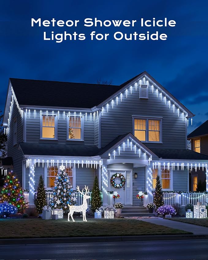Christmas Icicle Lights Outdoor, 10Ft Meteor Shower Lights with 10 Ice Shaped Tube, Snowfall Shooting Star Light Effect, Falling Crystal Christmas Decorations for House Eave Roofline, Cool White