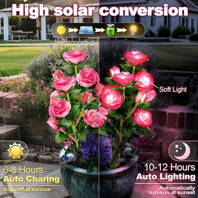 Anordsem Solar Garden Lights Outdoor: Waterproof Fabric Roses - Red LED Flower Decorations for Yard Patio Path Cemetery Grave - Birthday Gifts for Women Mom Wife - 6 Pack Pink