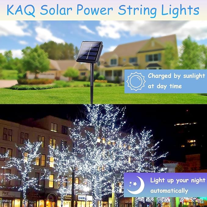 KAQ 2pack 200LED Solar String Lights Outdoor Waterproof Cool White | Total 66FT Flexible Wire With Bright LEDs, 8 Twinkle Modes with Memory, Auto On/Off Easily Decorates Trees, Fences, Garden