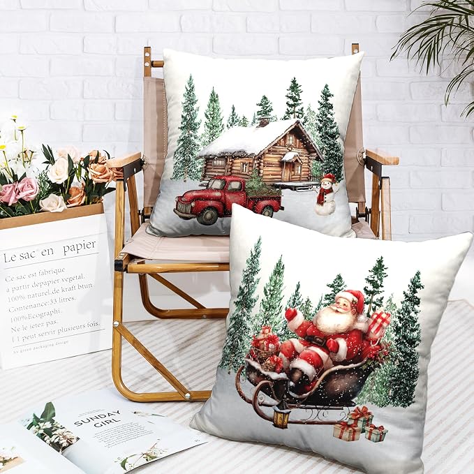 Christmas Santa Pillow Covers Set of 2 Snowy Cabin Red Truck Snowman Throw Pillow Covers Green Xmas Tree Pillowcase 18x18 Cotton Linen Cushion Case for Winter Holiday Home Decor