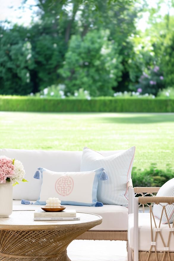 Hofdeco Premium Coastal Grandmillennial Patio Indoor Outdoor Lumbar Pillow Cover Only, 12"x20" Water Repellent for Backyard, Couch, Poolside, Baby Blue Pink Embroidered Double Happiness Symbol