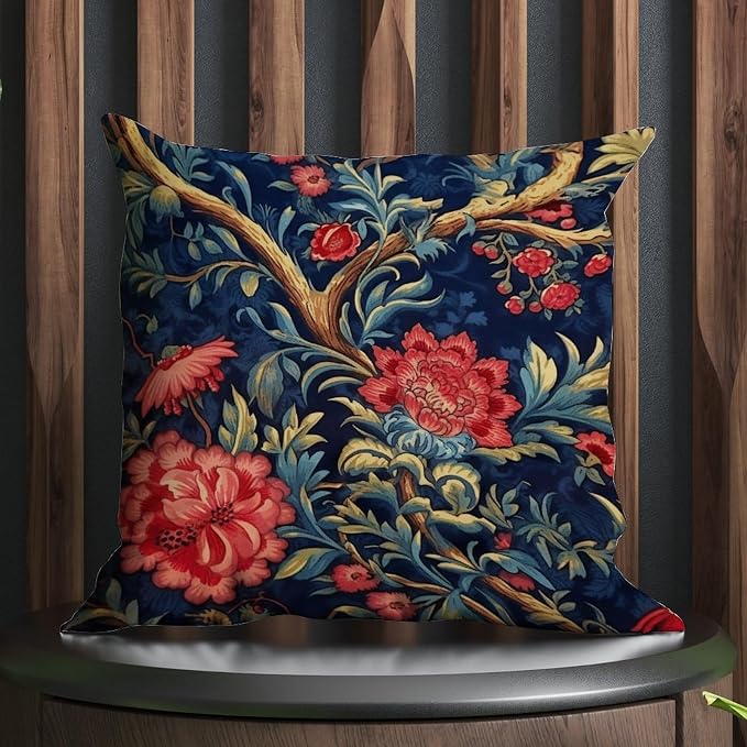 Throw Pillow Covers Navy Blue Floral Botanical Throw Pillow Covers Farmhouse Burgundy Gold Olive Pillow Cover Accent Farmhouse Decor Pillow for Patio Furniture Tent Garden 24x24 in