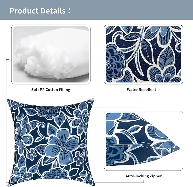 Outdoor Pillows for Patio Furniture 20x20 inch, Square Outdoor Throw Pillows with Inserts, Decorative Patio Pillows for Garden Couch Home Sofa Office Chair, Pack of 2,Flower Navy